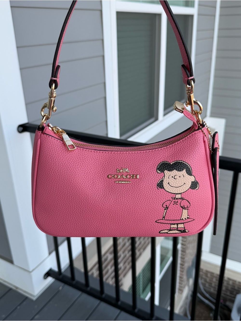 Coach Pink Pebbled Leather Shoulder Bag with Character Motif